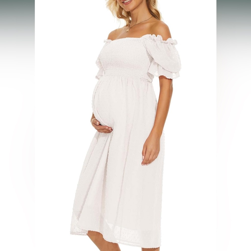 Swiss Dot Puff Sleeve Maternity Dress, Square Neck Flowy Maternity Midi Dress